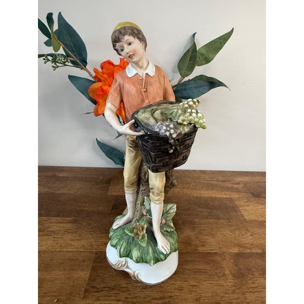 Vintage Capodimonte Style Porcelain Boy Figurine with Fruit Basket Italy Decor